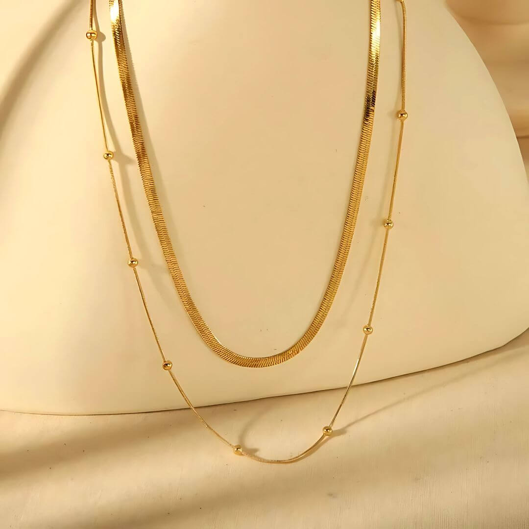 Flat Snake Chain & Beaded Necklace Set