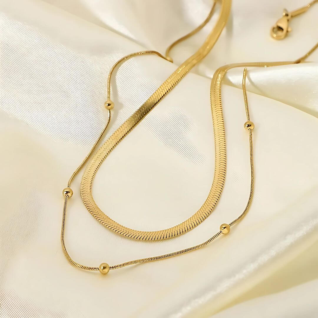 Flat Snake Chain & Beaded Necklace Set